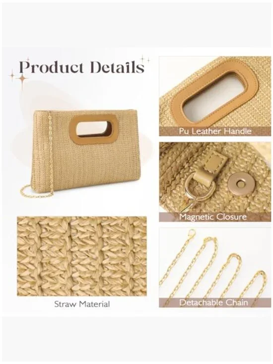 Woven Straw Clutch Purse with Detachable Chain Strap, Polyester and PU Leather - Picture 7 of 7